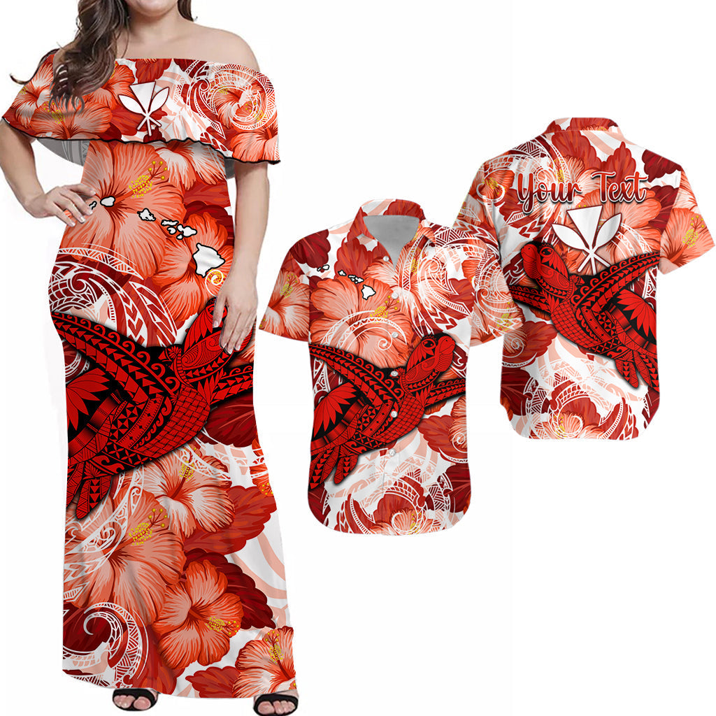 Red off-shoulder maxi Hawaiian dress with turtle, hibiscus, and white tribal print