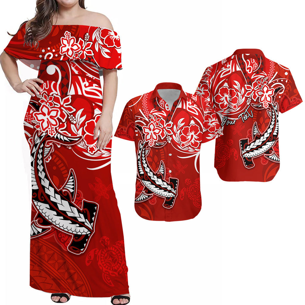 Red off-shoulder maxi dress with white floral and shark print