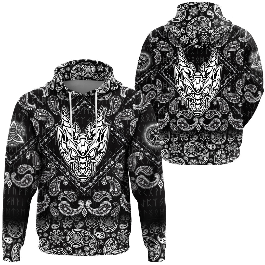 Viking Hoodie Abstract Horned Dragon with Bandana Paisley Style RLT12 - Wonder Print Shop