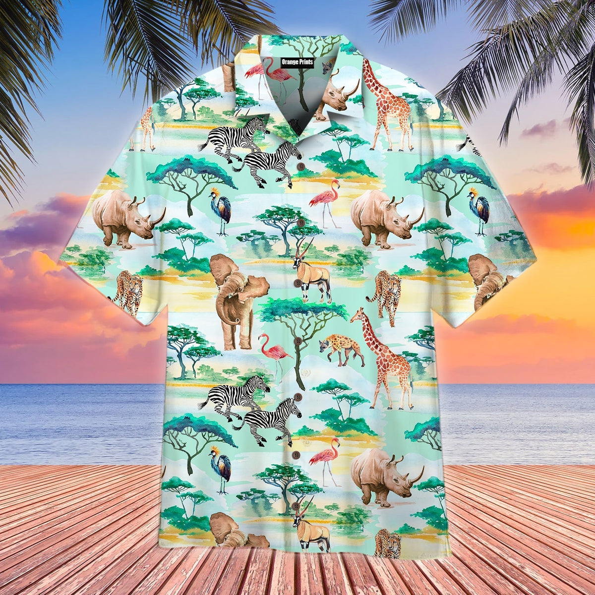 Mint green tropical short-sleeve shirt with safari animals and tree print