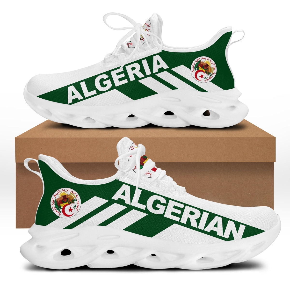 Algeria stripe clunky sneakers, white upper with green graphic, white laces