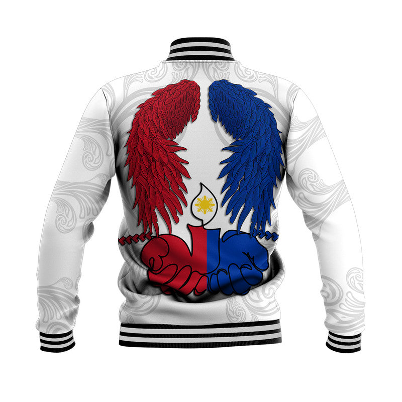 White unisex baseball jacket back view with red and blue wing graphic, striped rib hem
