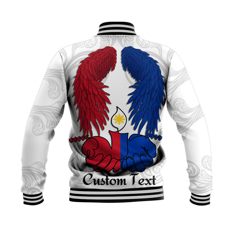 White baseball jacket, back wing graphic in red and blue, striped hem, custom text
