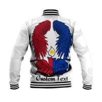 White baseball jacket, back wing graphic in red and blue, striped hem, custom text