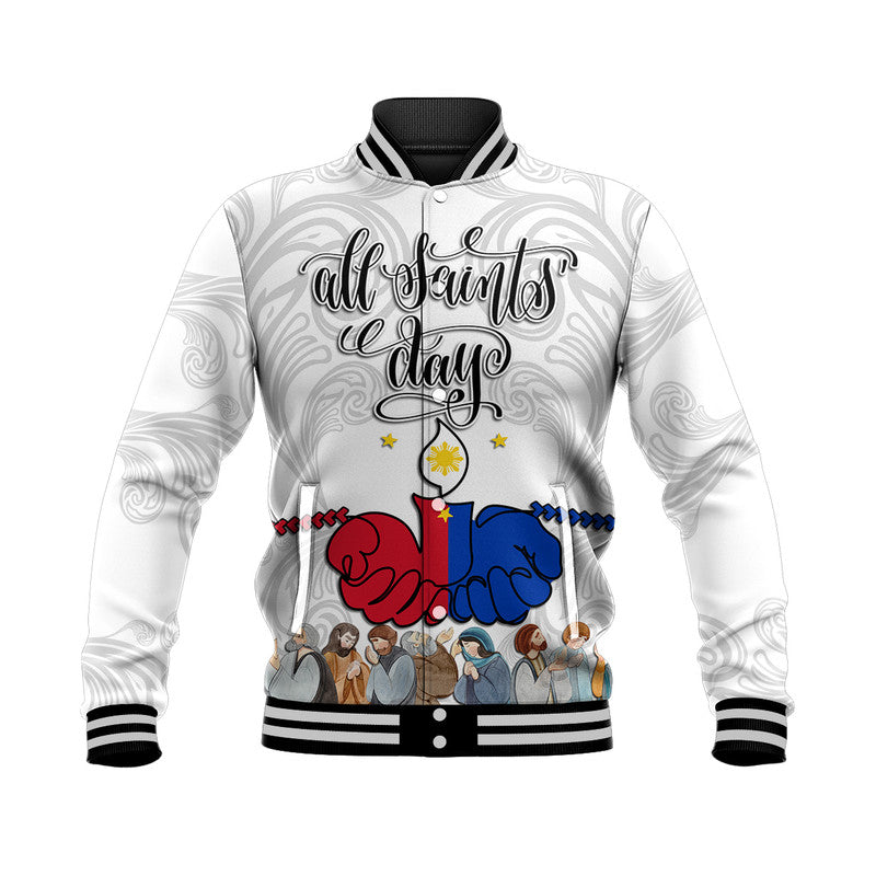 White unisex baseball jacket with black striped collar, All Saints' Day graphic front