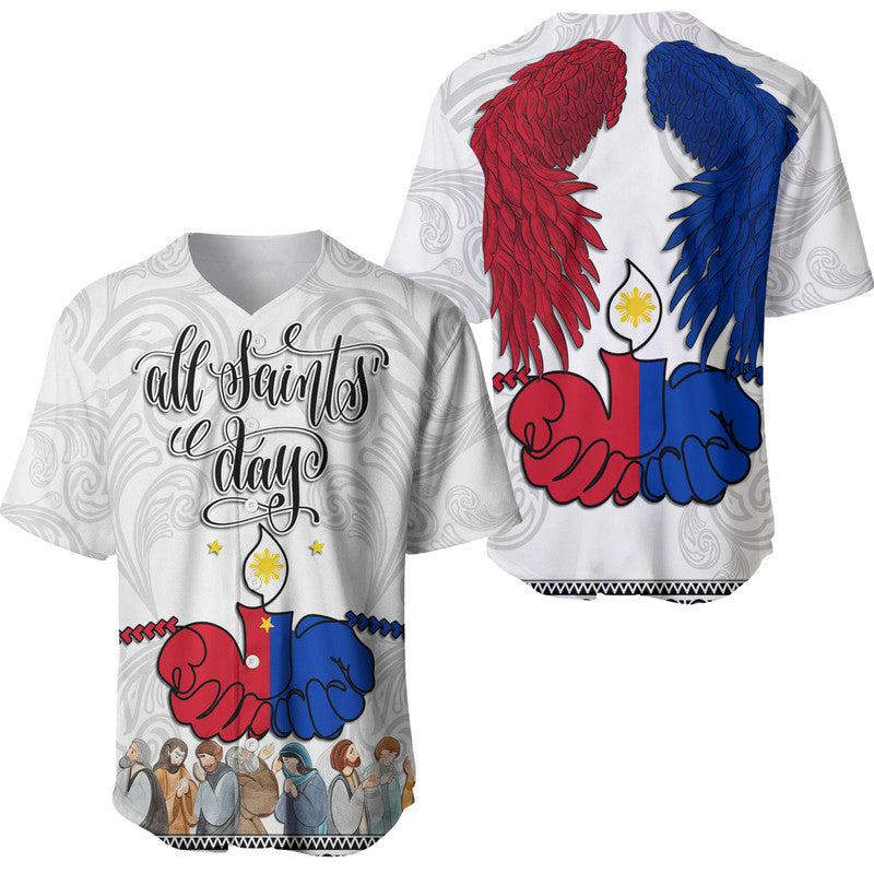 White baseball jersey, 'All Saints Day' print with red & blue angel wings and candles