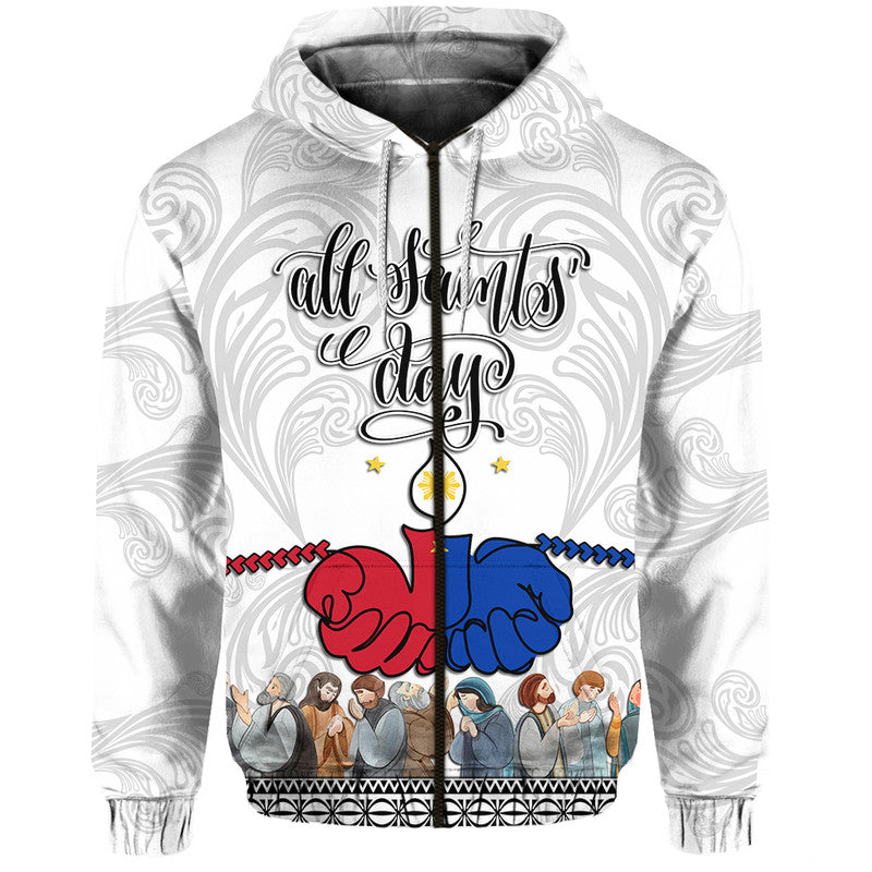 White zip hoodie with hood and drawstrings, large front graphic design