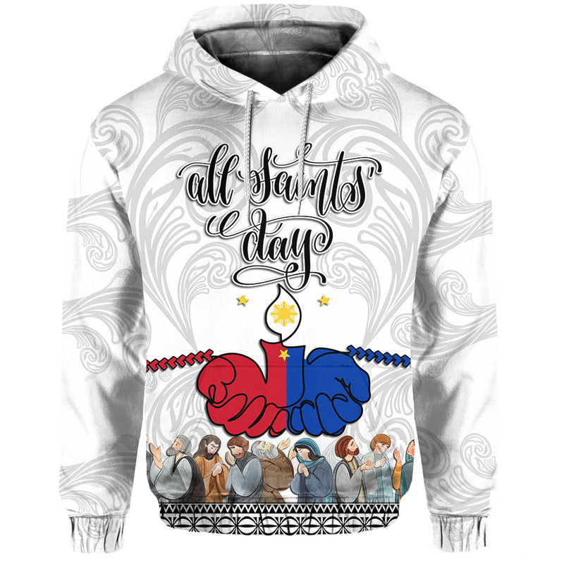 White pullover hoodie with hood and drawstrings, large front graphic