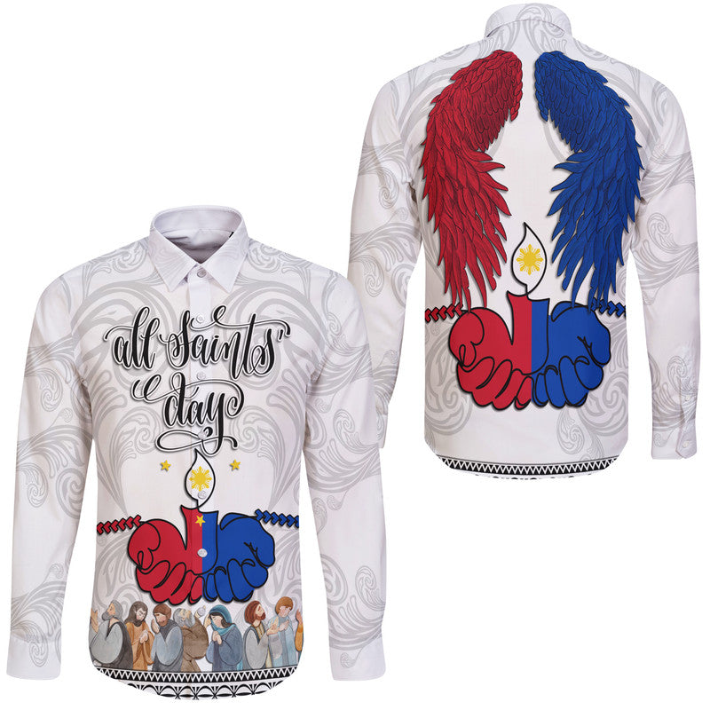 White unisex long-sleeve button shirt with All Saints' Day graphic, front and back