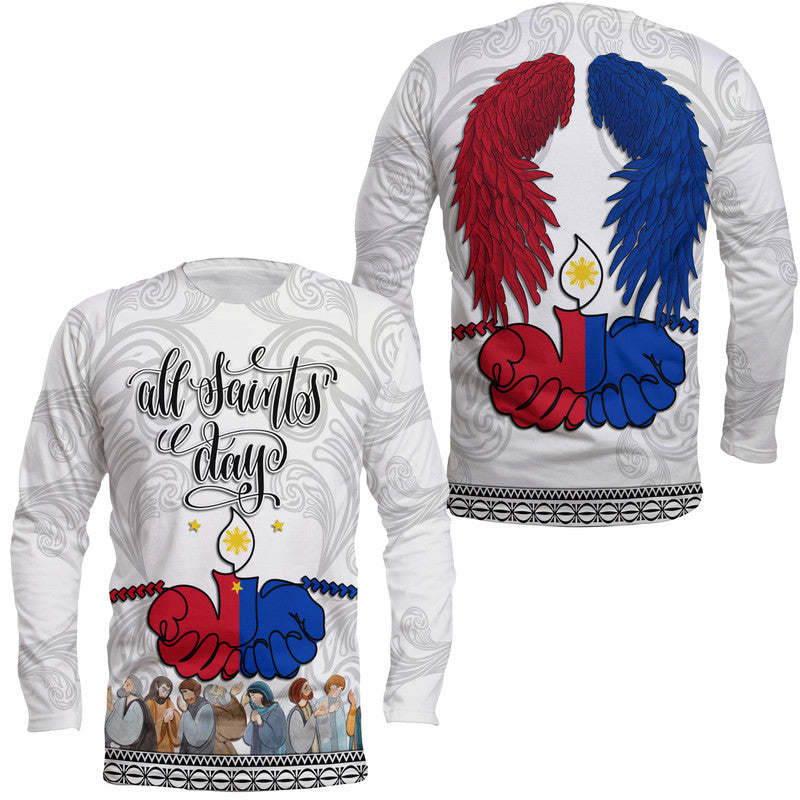 White unisex long-sleeve shirt with All Saints' Day text and red/blue dove graphic