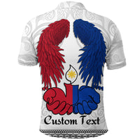 White custom polo shirt back graphic with red and blue wings, 'Custom Text' at hem