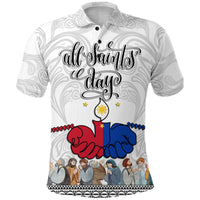 White polo shirt with All Saints Day graphic and gray swirl pattern, short sleeves.