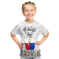 White kids T-shirt: 'All Saints Day' front print with angel hands and figures