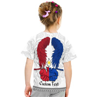White crewneck T-shirt with back red/blue wings, praying hands, and “Custom Text”