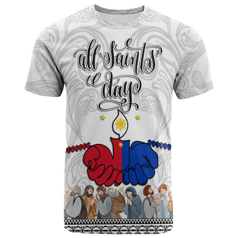 White T-shirt: 'All Saints Day' print with red/blue hands and angel wings