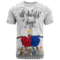 White T-shirt: 'All Saints Day' print with red/blue hands and angel wings