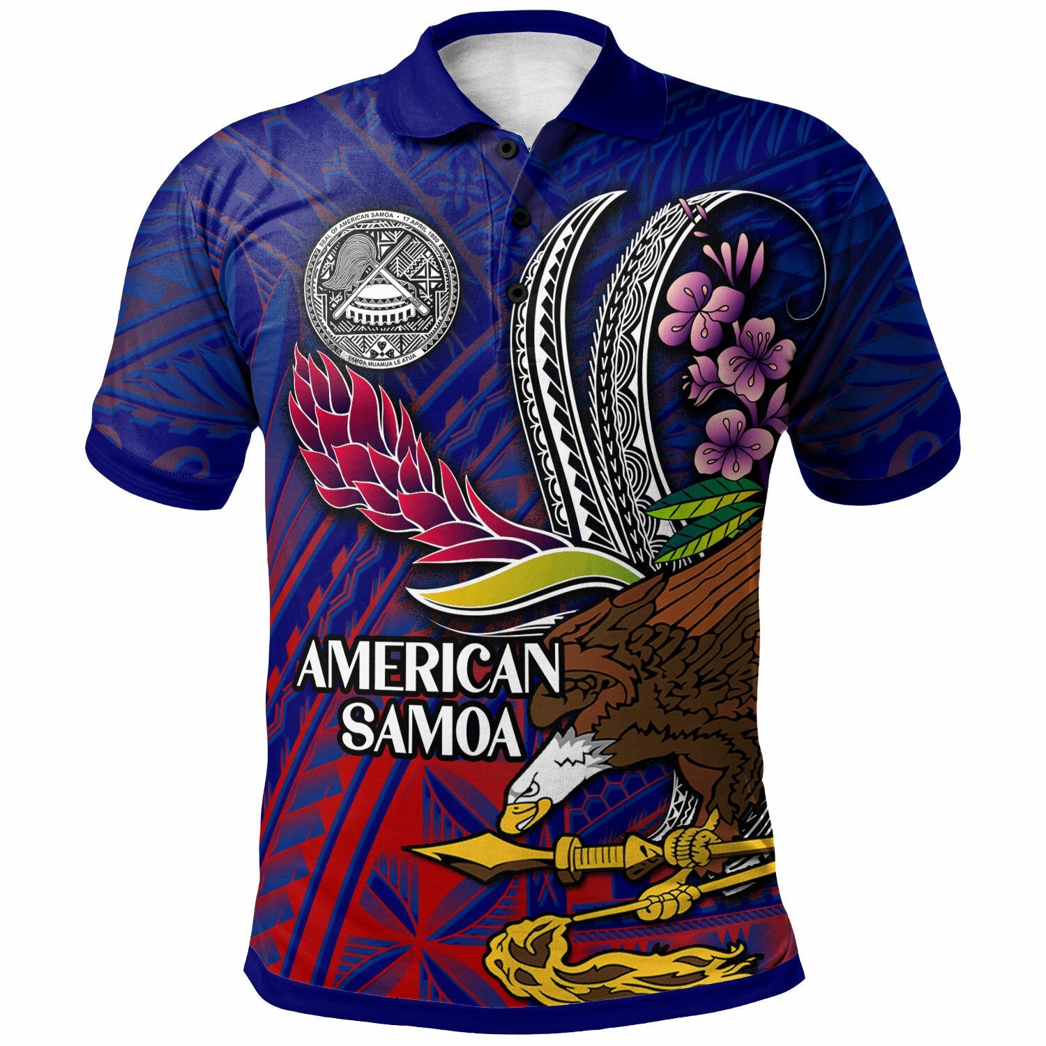 American Samoa Polo Shirt Custom Seal With National Flowers Polynesian Patterns LT10 - Wonder Print Shop