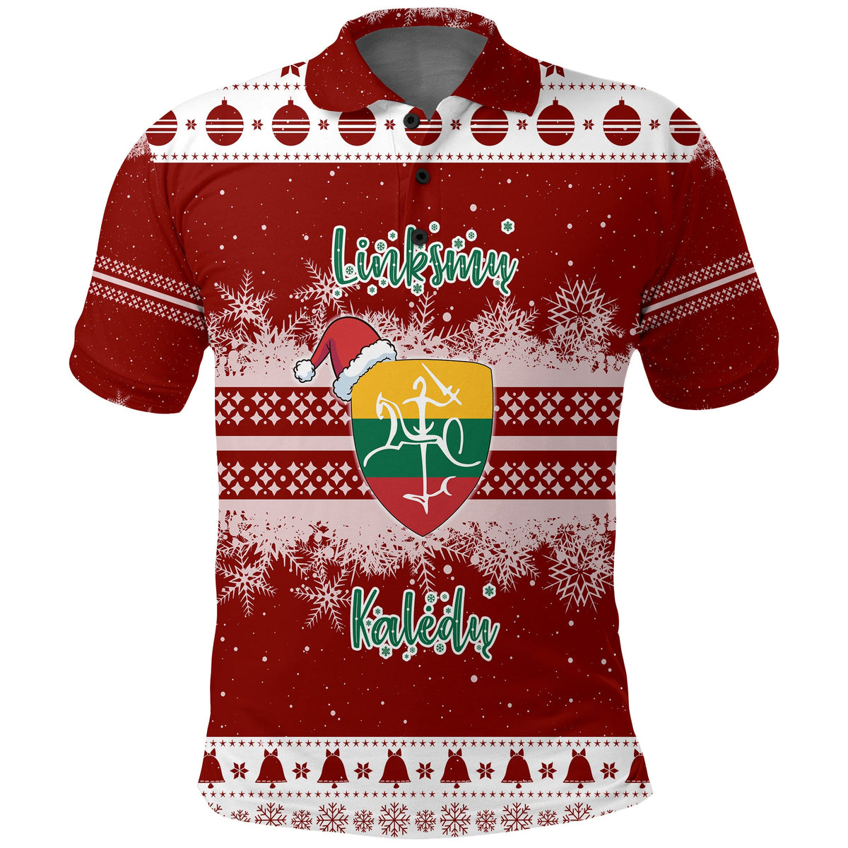 Red polo shirt with colorful Christmas folk print, snowflakes, crest badge, holiday text