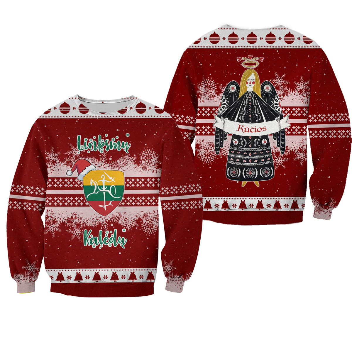 Red unisex Christmas sweatshirt: front 'Linksmų Kalėdų' gift graphic and back angel 'Kūčios'