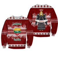 Red unisex Christmas sweatshirt: front 'Linksmų Kalėdų' gift graphic and back angel 'Kūčios'