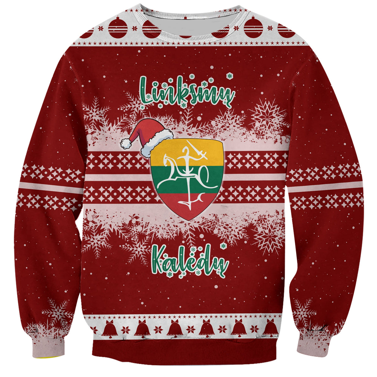 Red unisex Christmas sweatshirt with 'Linksmų Kalėdų' text, snowflakes, and gift heart print