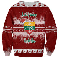 Red unisex Christmas sweatshirt with 'Linksmų Kalėdų' text, snowflakes, and gift heart print
