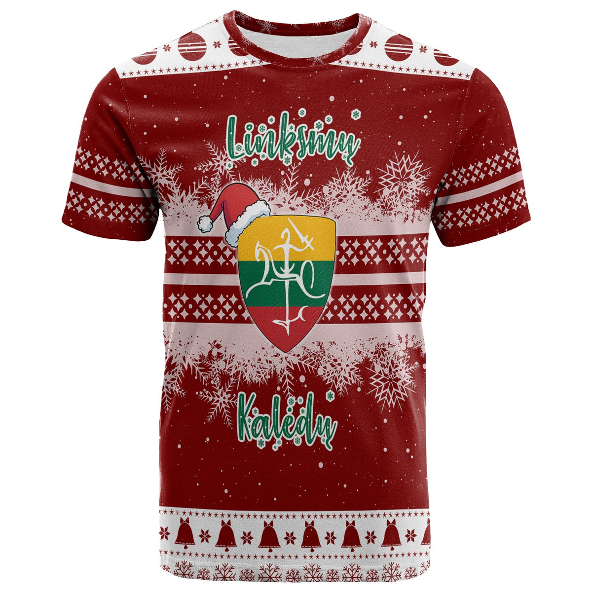 Red Christmas folk style T-shirt with angel graphic and Lithuanian text front