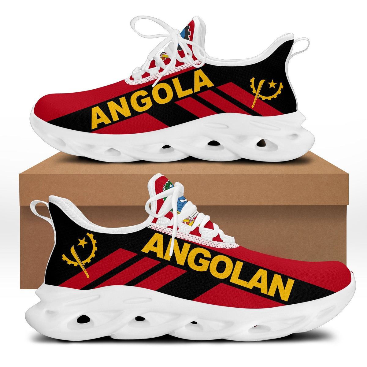 Angola stripe clunky sneakers, red black patterned upper, white laces and white sole