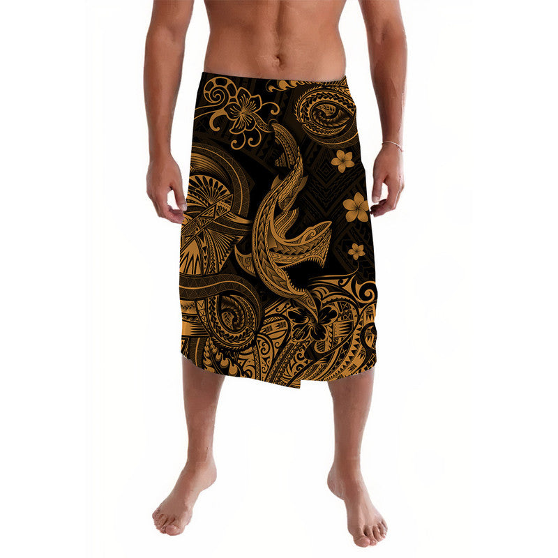 Men's lavalava wrap skirt, black with gold Polynesian swirl and flower prints