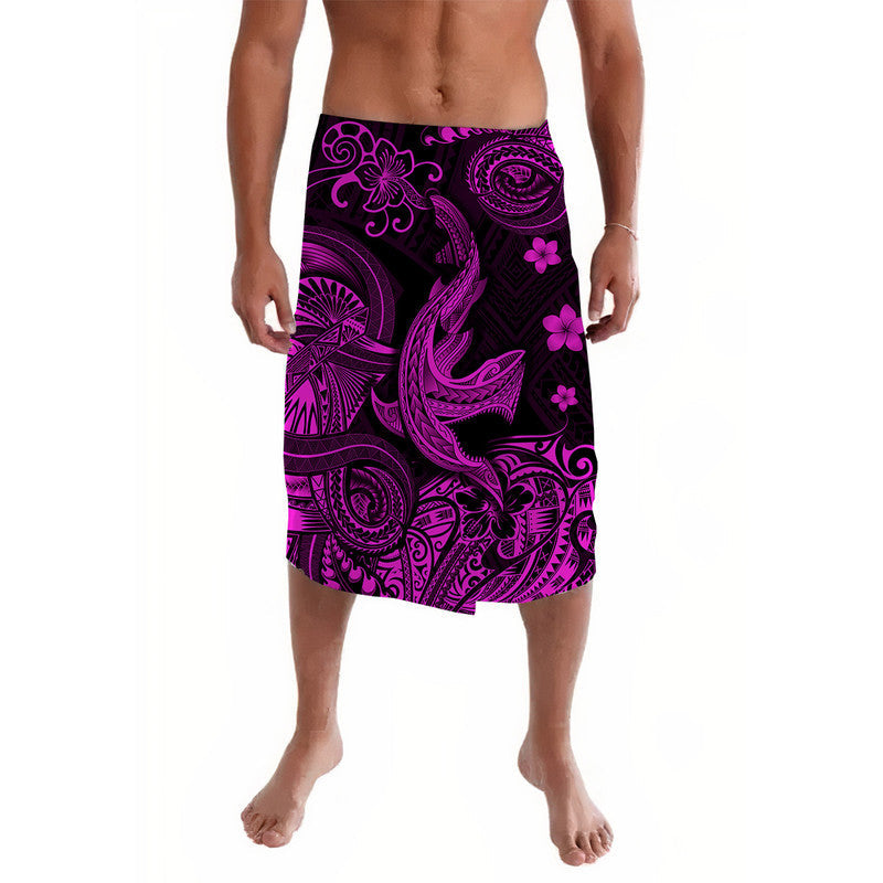 Pink polynesian lava lava sarong with purple floral and tribal swirl prints, knee-length