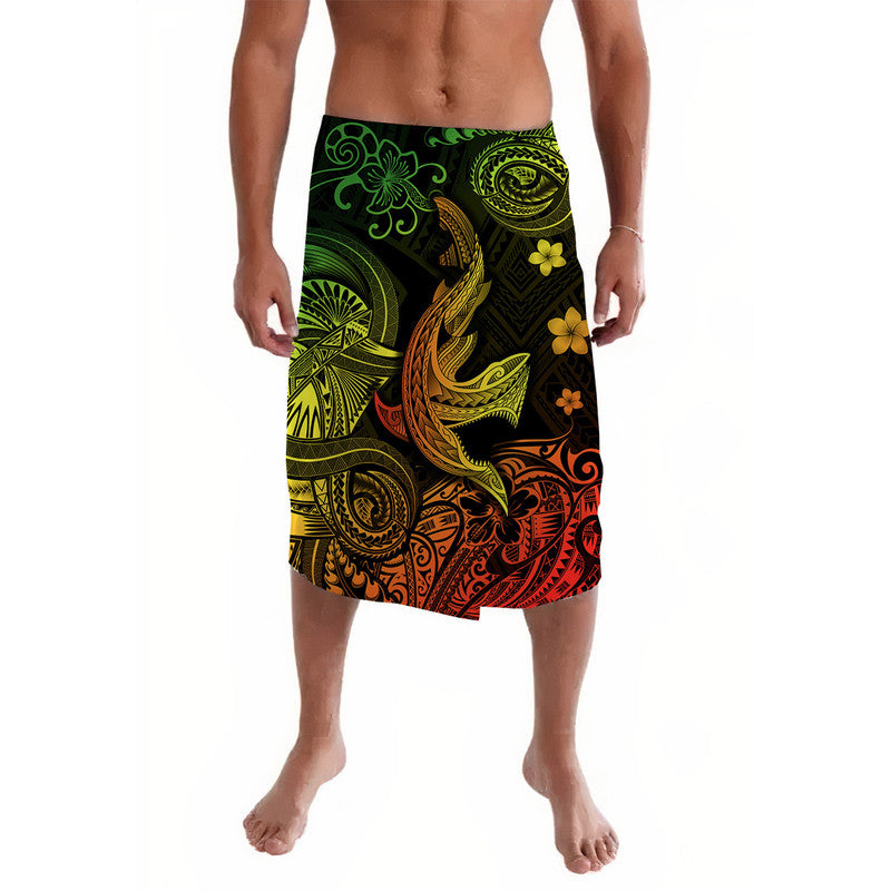 Men's Polynesian-style lavalava sarong with colorful tribal print on black background