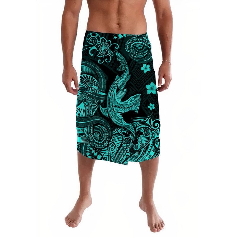 Turquoise and black Polynesian-style lavalava sarong with teal tribal shark print
