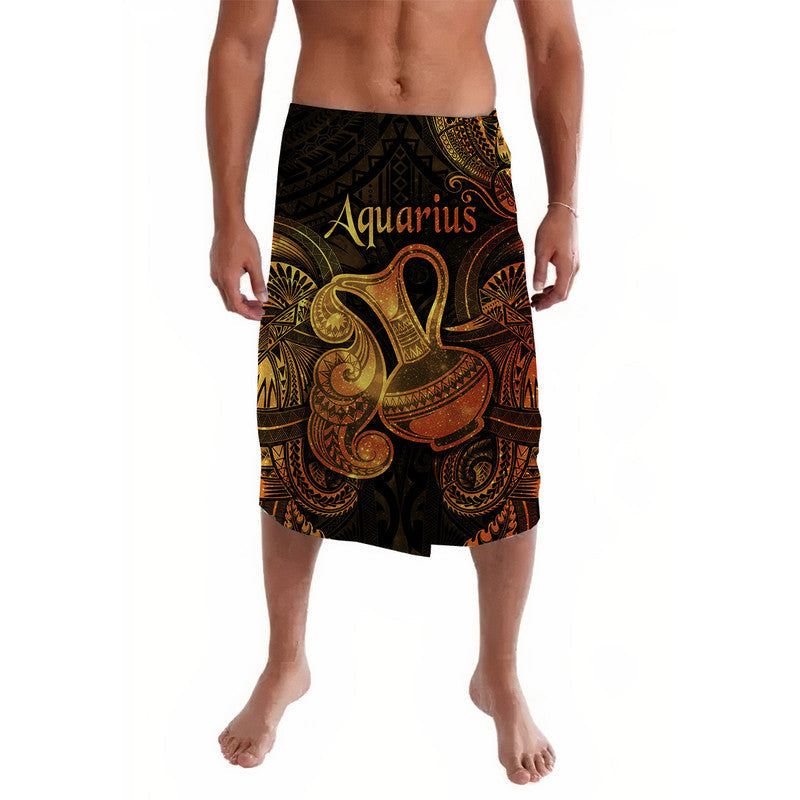 Men's lavalava sarong, black with gold Aquarius zodiac print, above-knee length