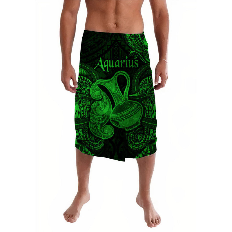 Green Aquarius polynesian lavalava with fan and wave patterns, waist-to-knee length