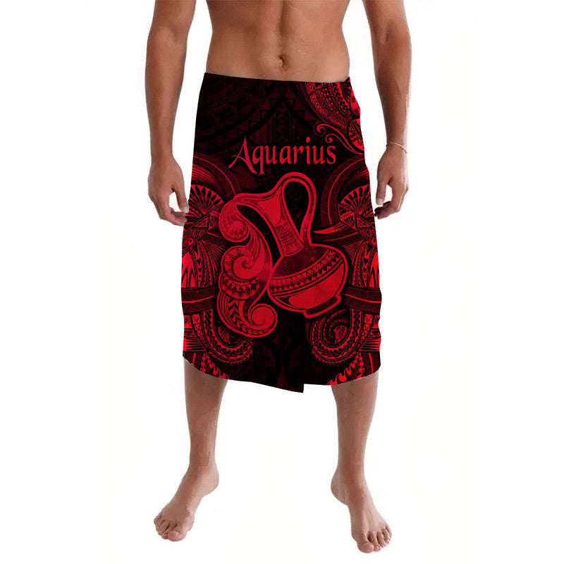 Red and black Aquarius zodiac lavalava with bold Polynesian pattern, front waist wrap
