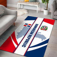Dominican Republic themed area rug with flag stripes, blue lettering on white