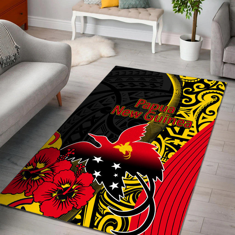 Black area rug with Papua New Guinea graphic, red flowers, yellow patterns, and red stripes