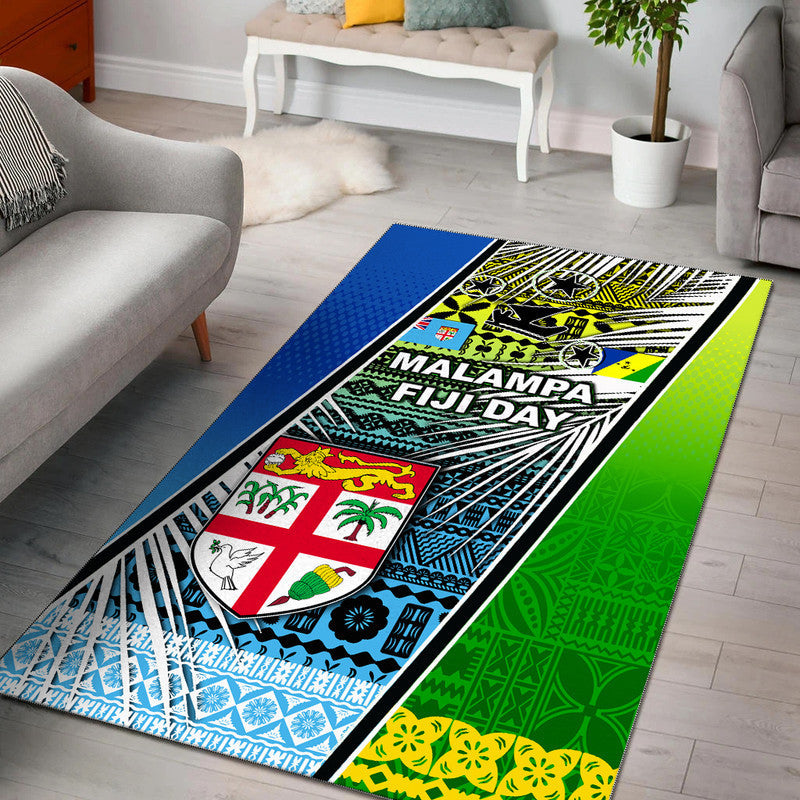 Area rug with Malampa Fiji Day print, blue border and bright green yellow panels