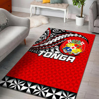 Red Tonga Polynesian tattoo area rug with black and white tribal wave design and logo