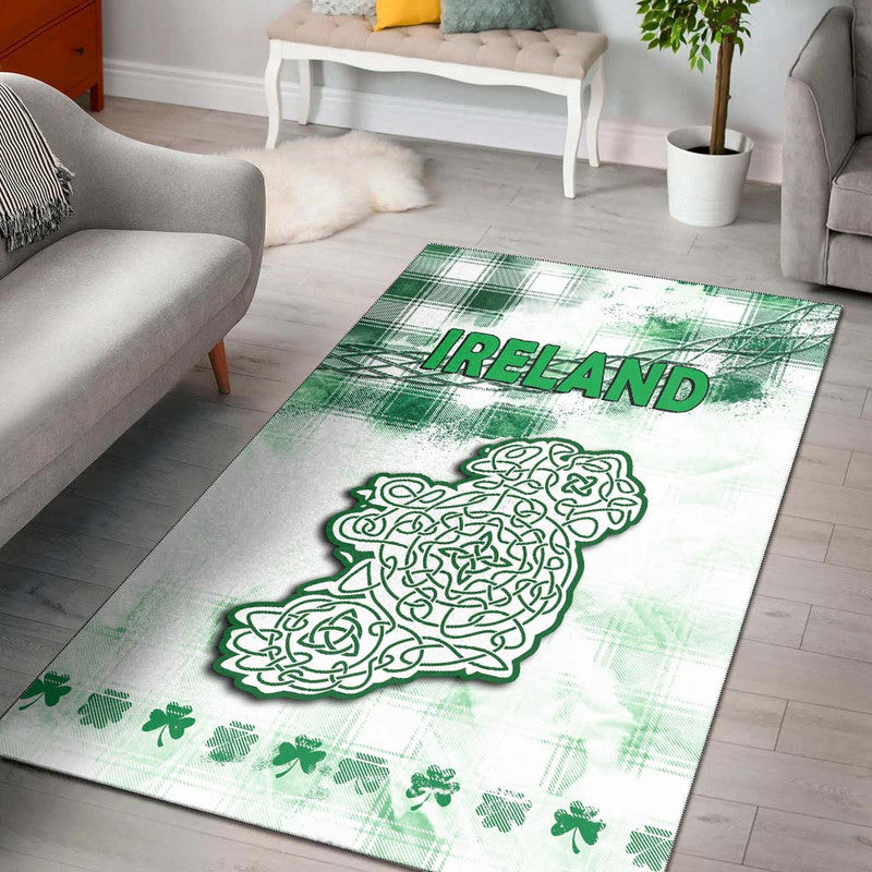 Green and white Ireland area rug with plaid, IRELAND lettering, Celtic knot and shamrocks