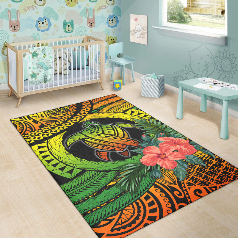 Turtle and floral hibiscus area rug in green, yellow, orange, and black