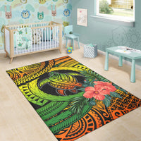 Turtle and floral hibiscus area rug in green, yellow, orange, and black