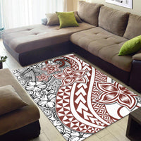 Polynesian tribal area rug in white, red, and black with large flower and zigzag bands