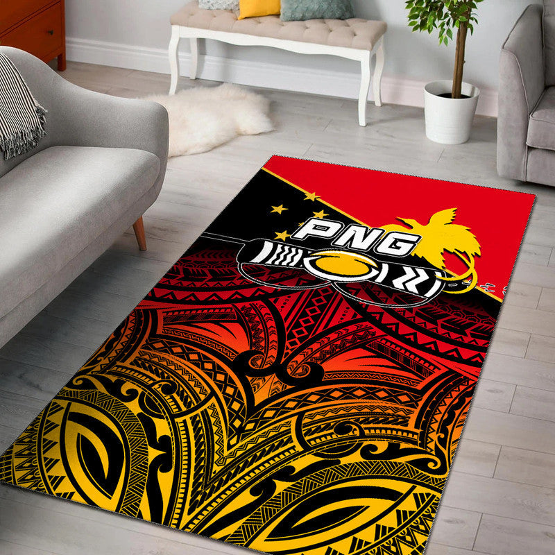 Red rugby area rug with black/yellow tribal design, lion and PNG logo