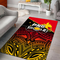 Red rugby area rug with black/yellow tribal design, lion and PNG logo