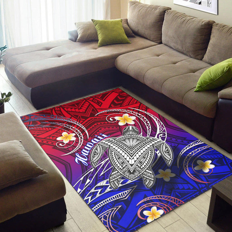 Hawaiian turtle motif area rug with plumeria flowers and geometric tribal design