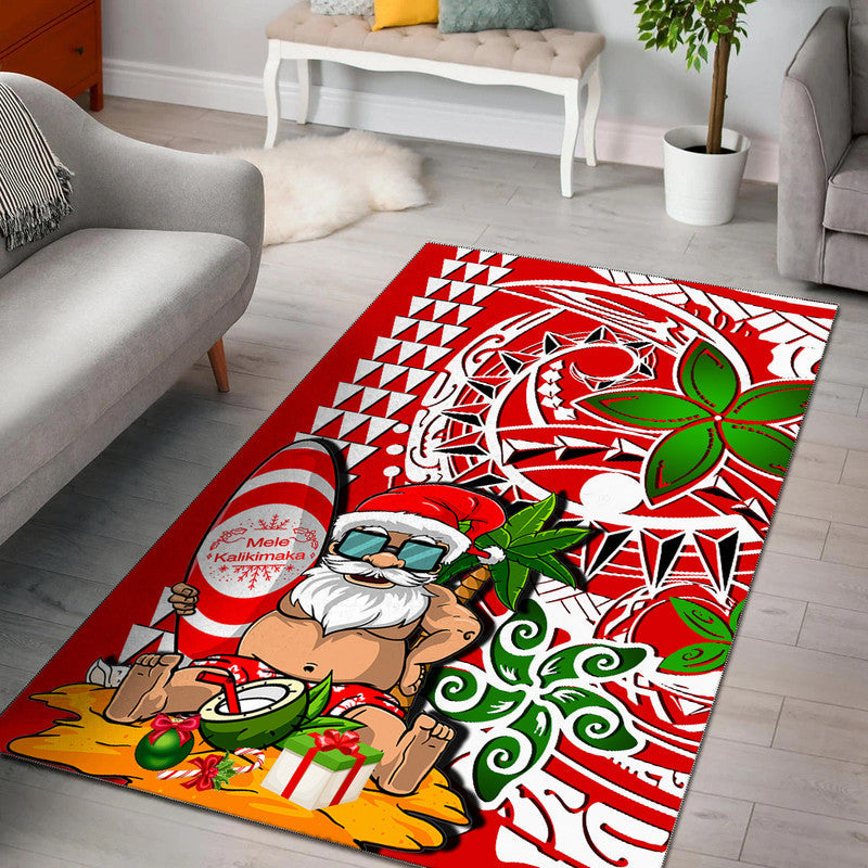 Red Christmas beach area rug with Hawaiian Santa, holly, surf graphic and green accents