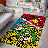 Multicolor PNG Torba Day area rug with bold lettering and swirling paisley patterns.