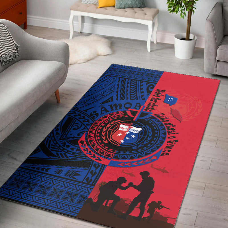 Blue-red Independence Day rug on floor with geometric border and central circular emblem
