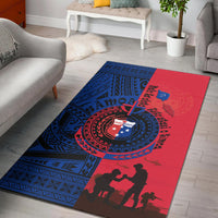 Blue-red Independence Day rug on floor with geometric border and central circular emblem